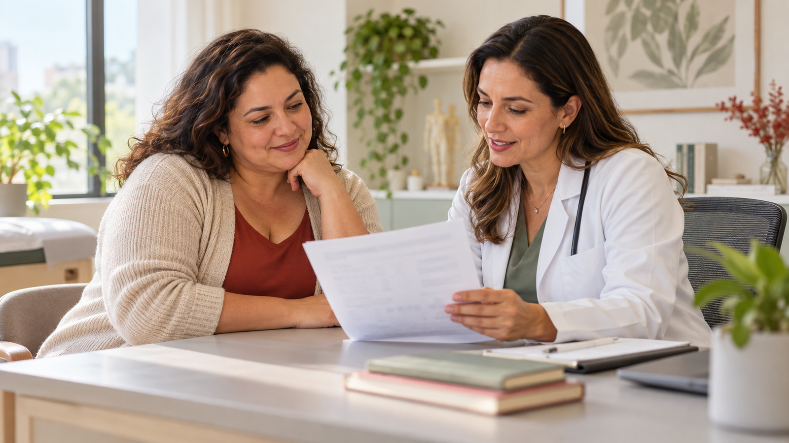 Exames e acompanhamento do peso com saúde Mulher e profissional de saúde conversam sobre resultados de exames durante uma consulta.