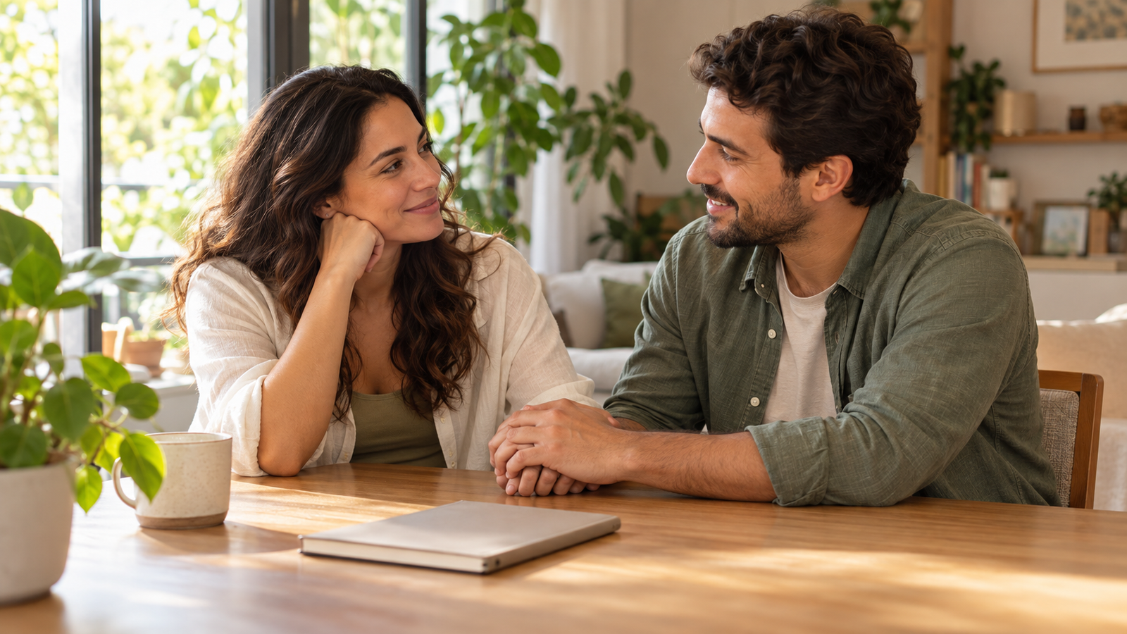 Casal conversa de mãos dadas em casa sobre seus planos para o futuro.