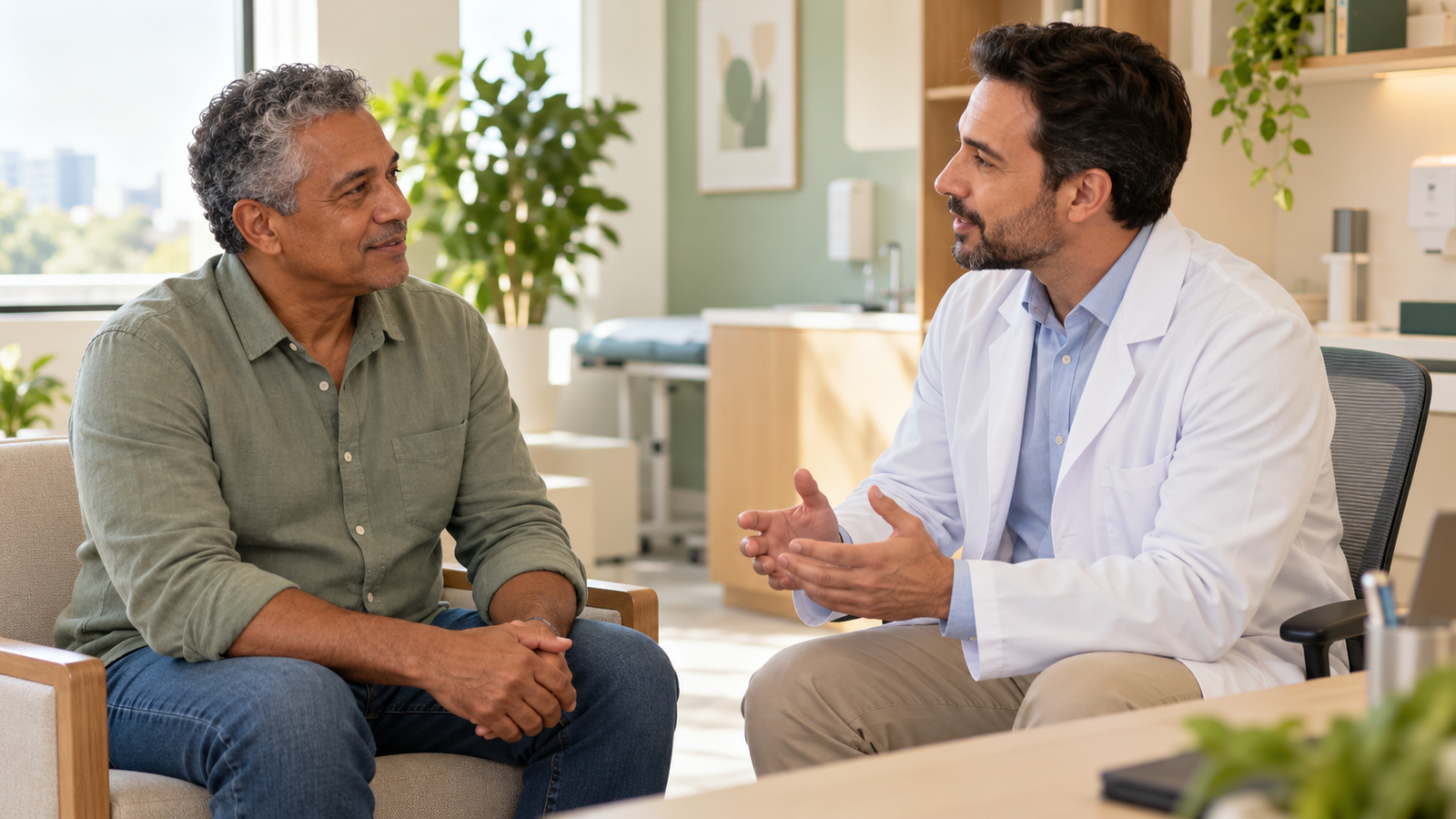 Homem conversa com médico em consultório sobre cuidados com a saúde.