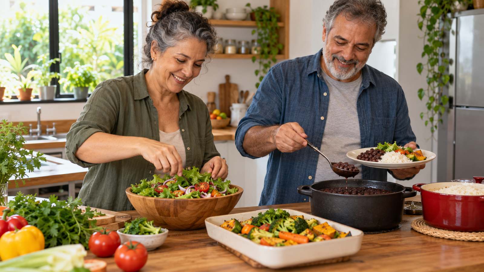 Saúde metabólica e cuidado na rotina Dois adultos preparando uma refeição com salada, legumes, arroz e feijão em uma cozinha.